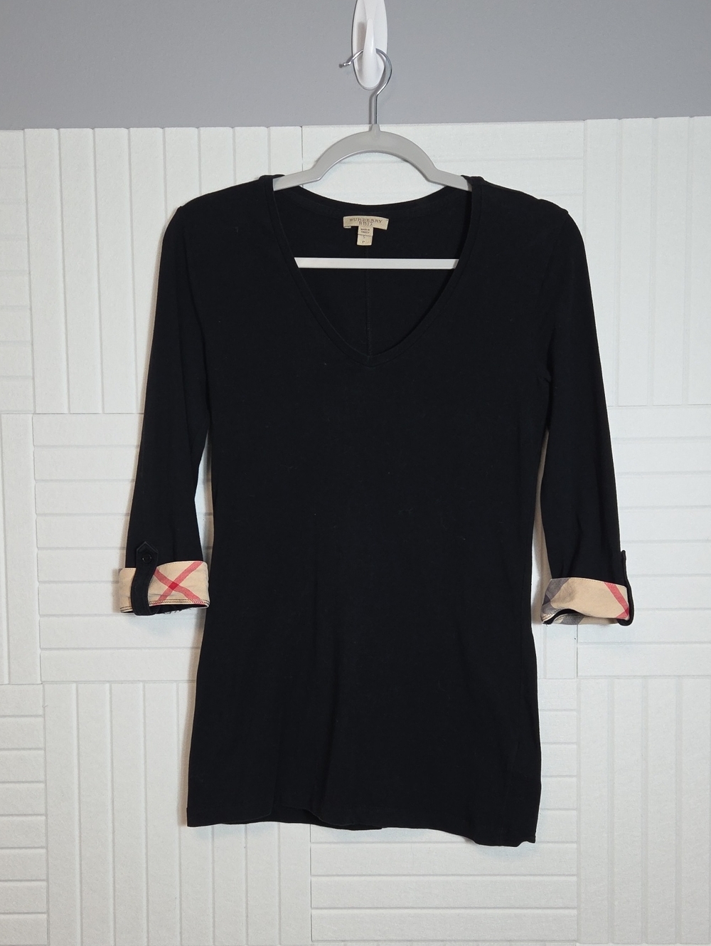 Burberry Brit Tab Cuff Sleeve V Neck Top Black Size S